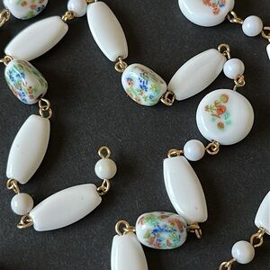 Floral White and Gold Necklace Hand Painted Milk Glass Beads 24”L